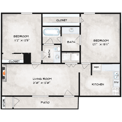 Floor plan for 2 beds, 1.5 baths, 1090 sqft